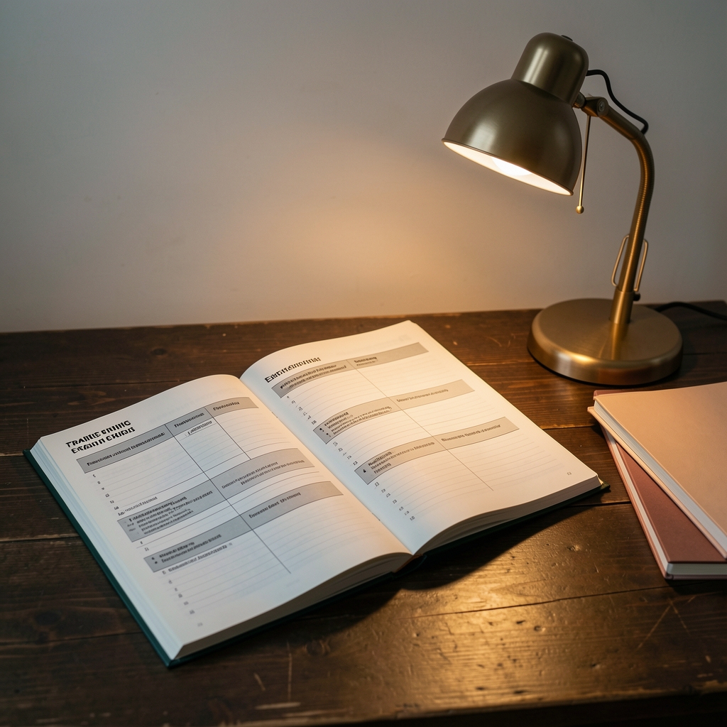 Editorial workspace with an open training journal, printed exercise plans and a warm desk lamp illuminating notebooks on a dark wooden surface