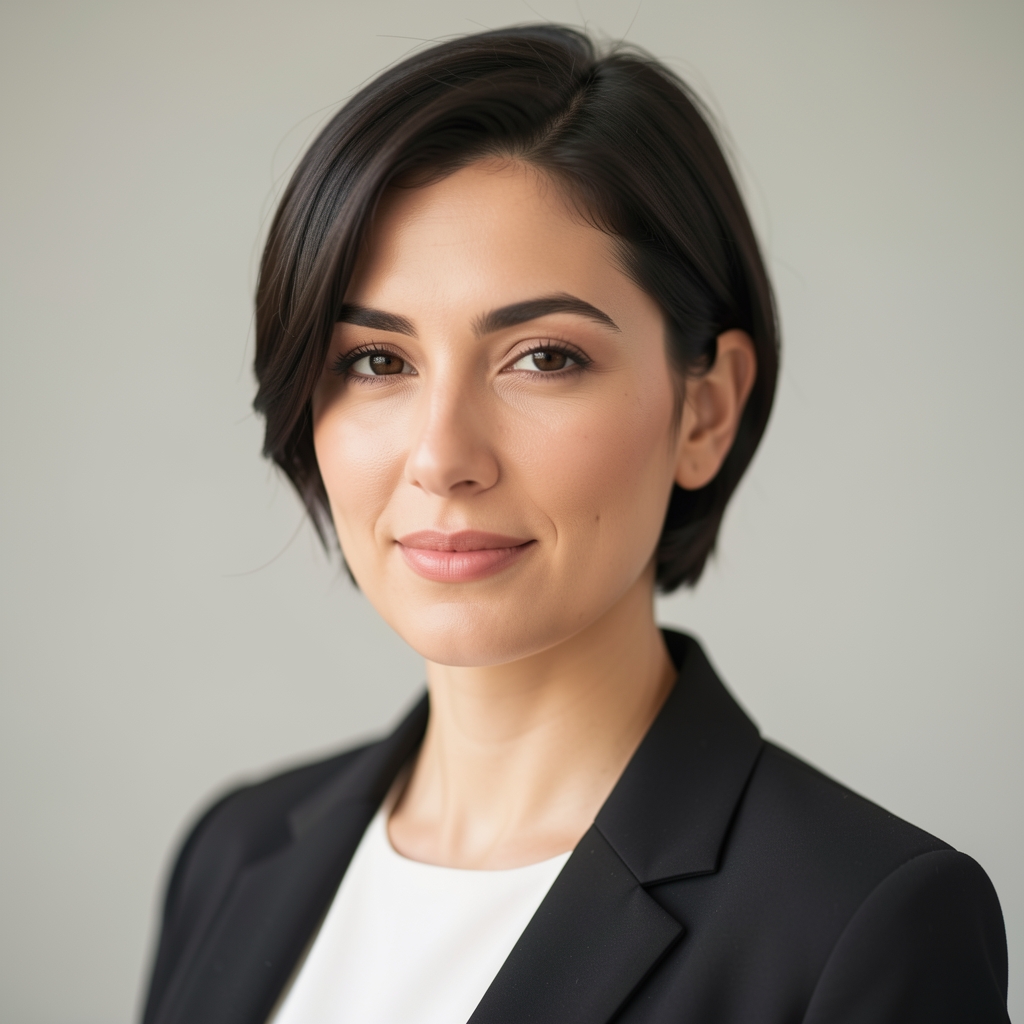 Editorial portrait of a woman with short dark hair in a bright studio, natural side lighting, neutral background, professional posture