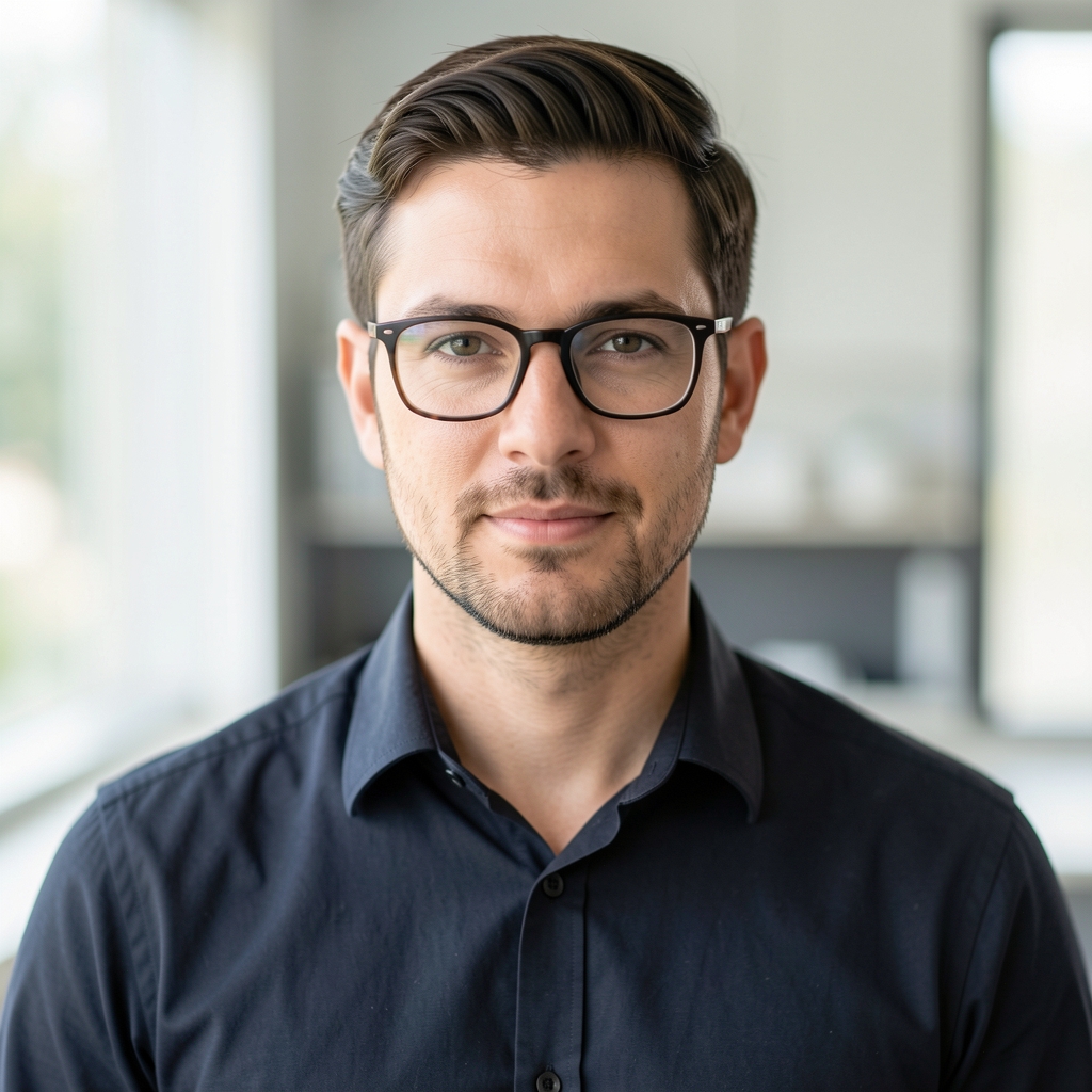 Editorial portrait of a man with glasses in a clean workspace with soft diffused light, wearing a dark shirt, focused expression
