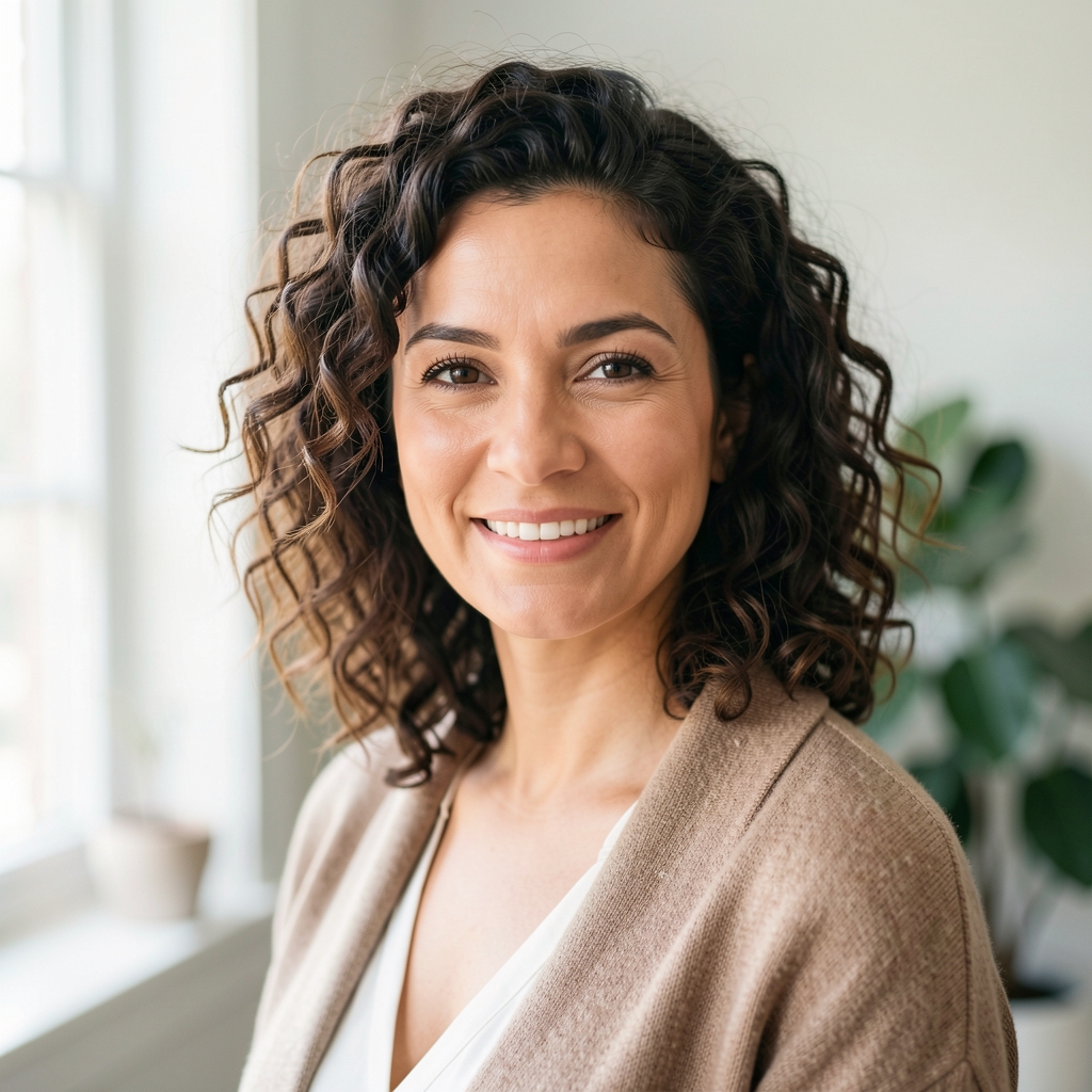 Editorial portrait of a woman with curly hair in a bright airy room, natural window light from the left, relaxed and approachable