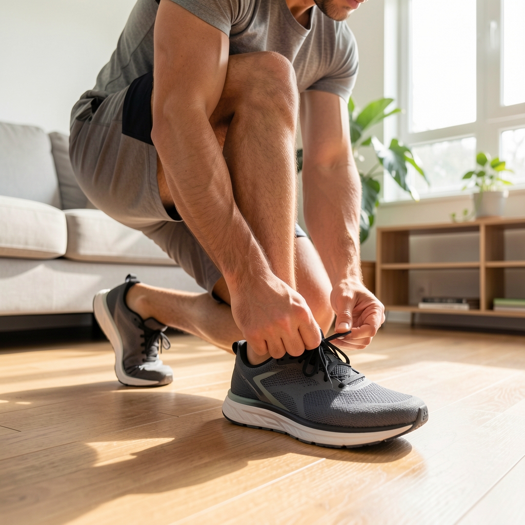 Close-up of a person tying their running shoes on a wooden floor, preparing for their first home workout session in a bright living room