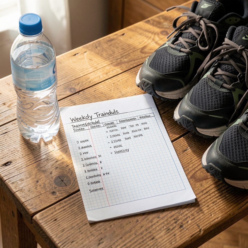 A handwritten weekly training schedule on graph paper beside a water bottle and pair of trainers on a wooden table, natural light from left