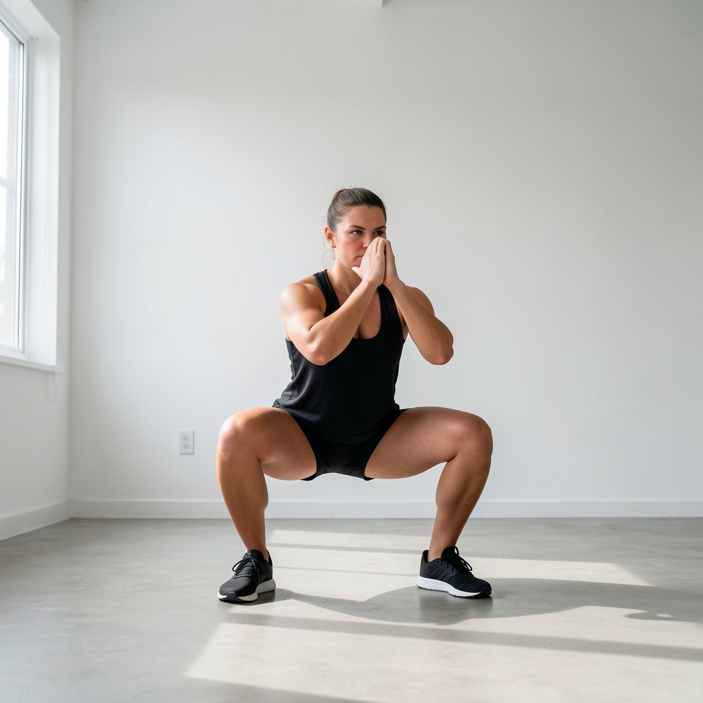 Person performing a slow bodyweight squat in a minimalist home gym space with white walls and natural daylight, controlled studio lighting
