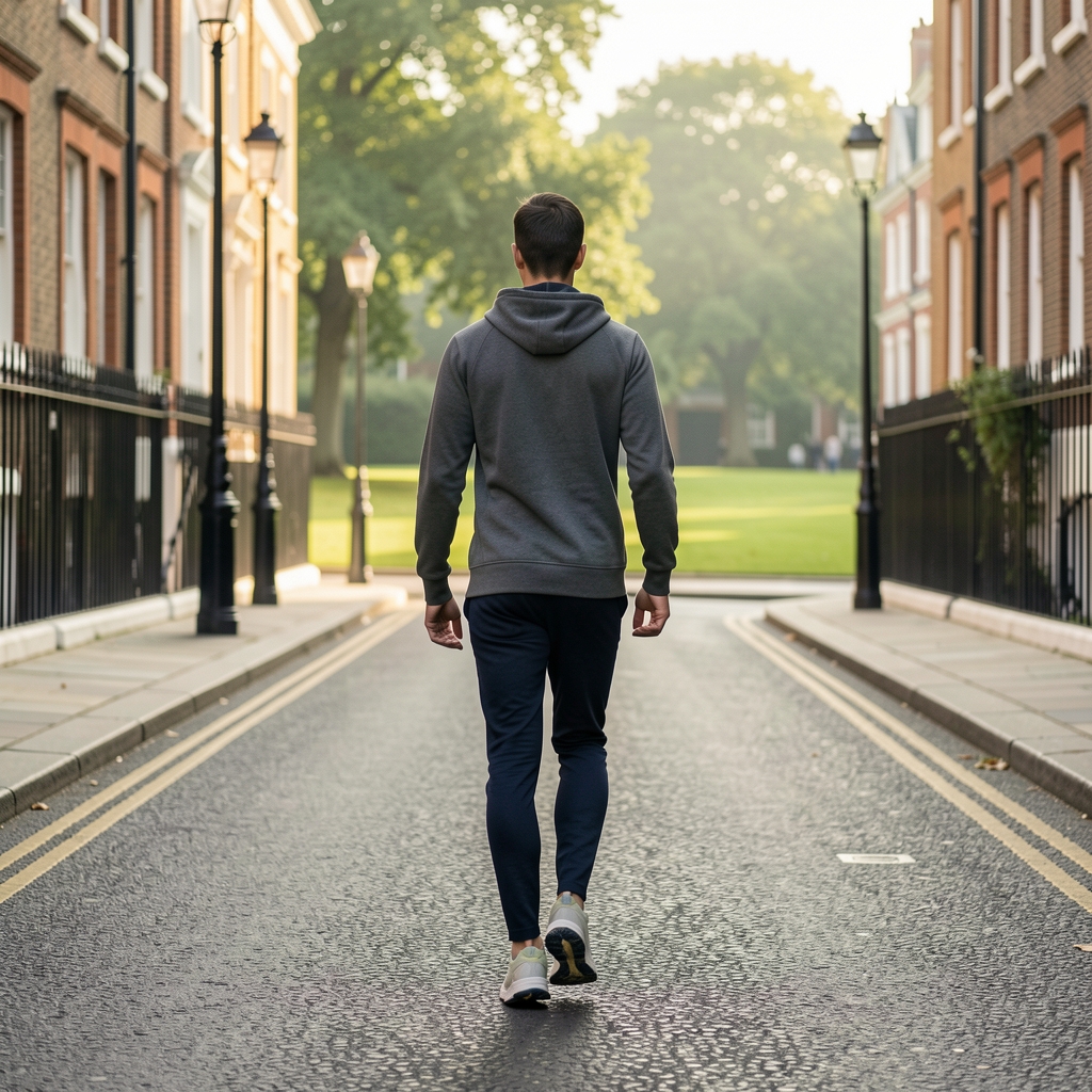 Person in comfortable trainers starting their first walk on a quiet London street in morning light, seen from behind with a green park ahead